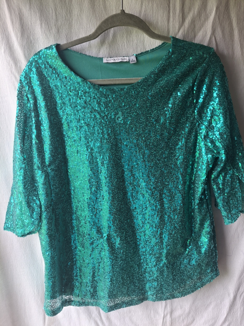 Notations Teal Sequin Scoop Neck Top